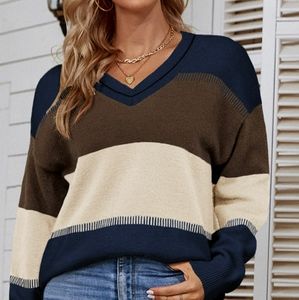Color Block V-Neck Dropped Shoulder Tunic Sweater